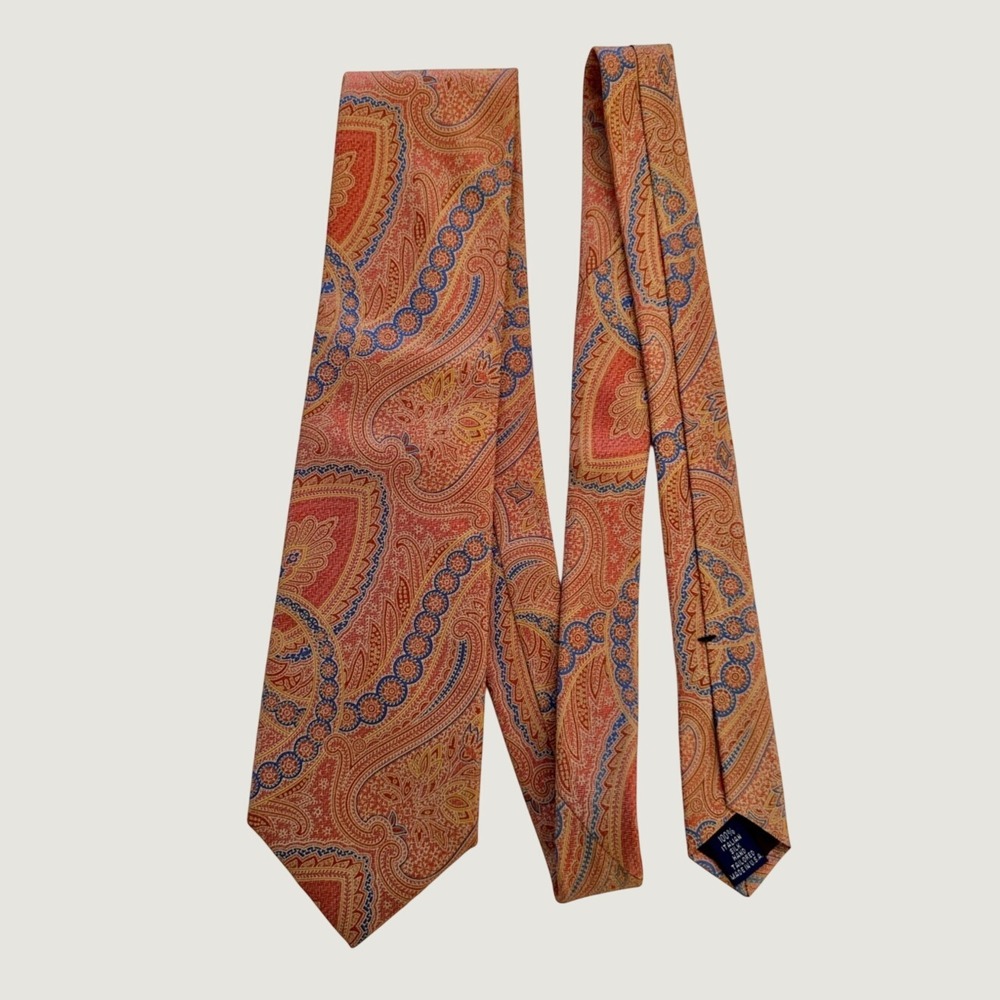 100% Silk Men's Paul Fredrick Orange, Apricot, Blue & Gold Paisley Brocade Tie - Picture 7 of 7